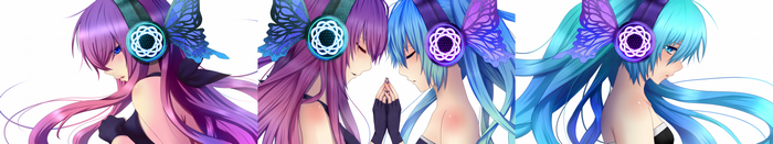 Four anime girls with headphones and butterfly wings