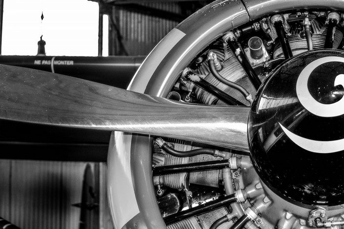 Close-up of an airplane engine and propeller