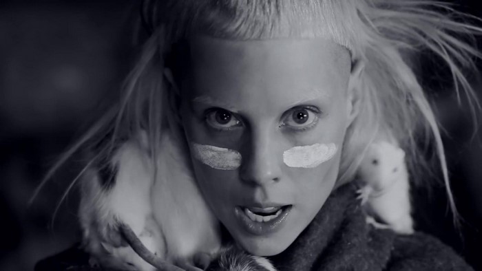 Yolandi Visser with rats, monochrome portrait