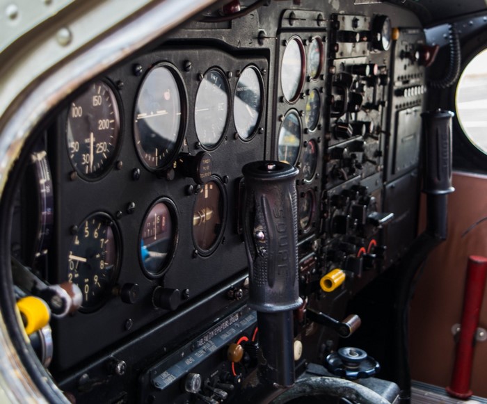 Airplane cockpit with gauges and controls