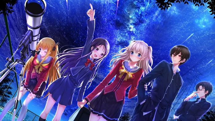 Characters from Charlotte looking at the starry sky with a telescope