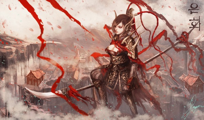 Fantasy warrior with red ribbons and spear