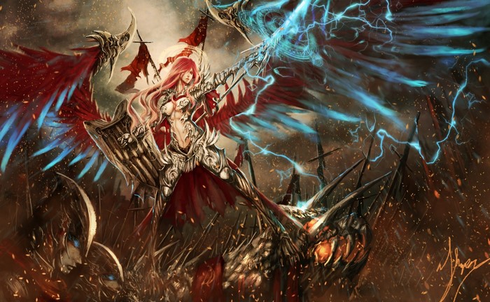 Fantasy art of a winged warrior with red hair