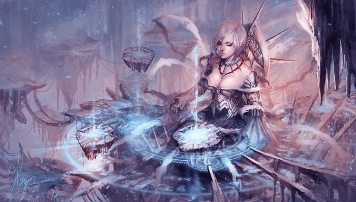 Fantasy art of a woman casting magic in a mystical landscape