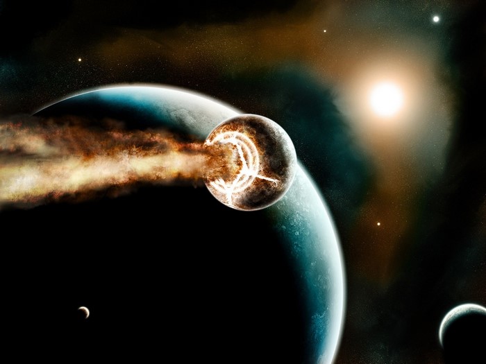 Collision of planets in outer space with a bright sun