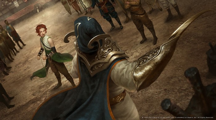 Fantasy art of a gladiator fight in an arena