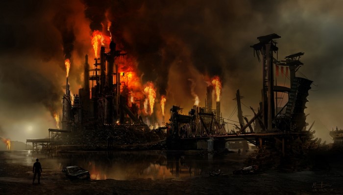 Mad Max Game Screenshot: Burning Industrial Complex