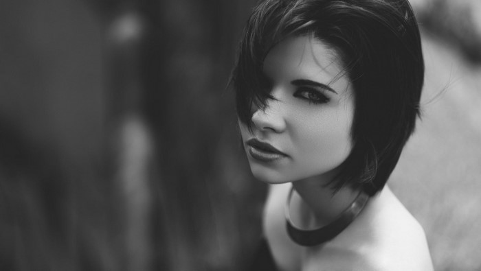 Monochrome portrait of a woman with short hair