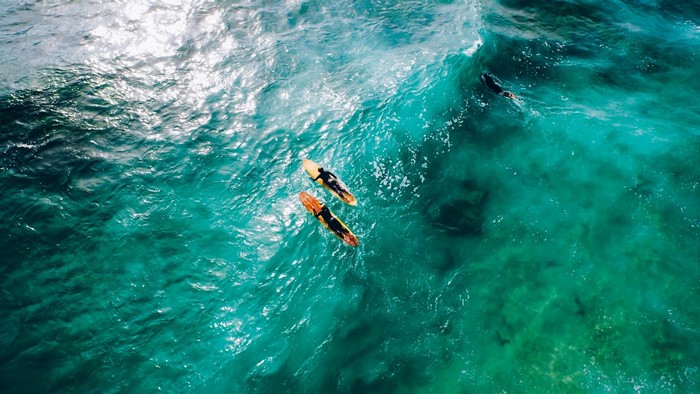 Two surfers on surfboards in turquoise ocean waves