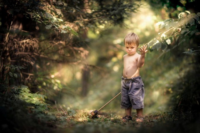 Little boy with a stick in a sunlit forest