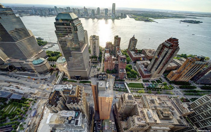 New York City skyline with skyscrapers and water