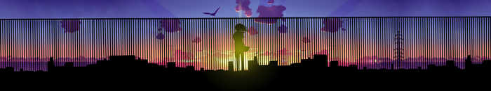 Anime girl silhouette behind fence at sunset cityscape