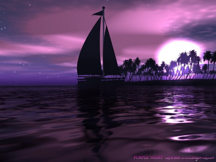 Sailboat on a purple ocean at night with palm trees