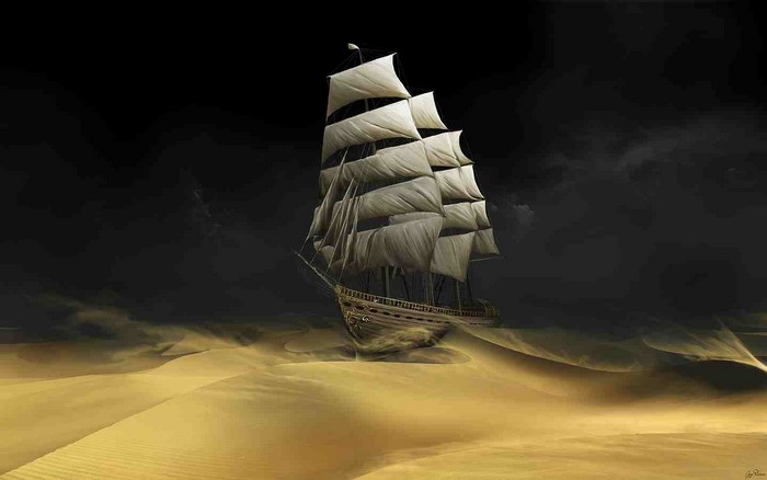 A ghost ship sailing through a desert