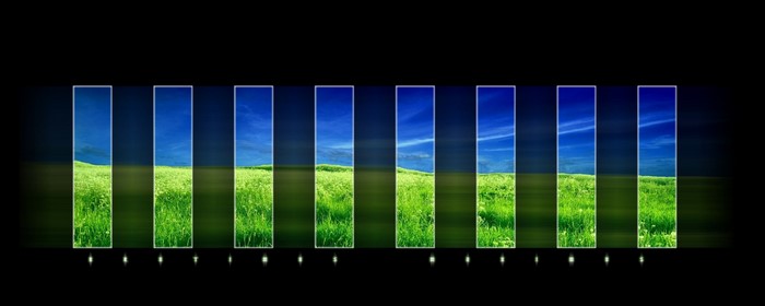 Digital art collage of a green landscape divided into vertical panels
