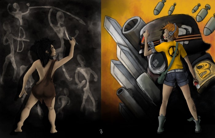 Cave painter and modern artist spray painting a robot