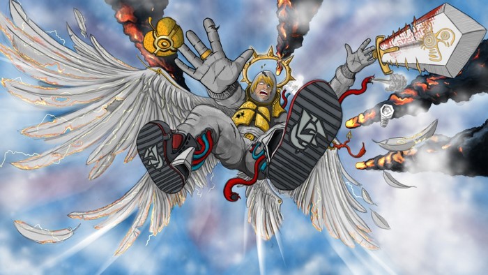 Angel falling with sword and wings