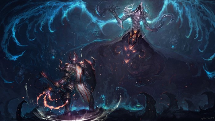 Malthael from Diablo III fighting a knight