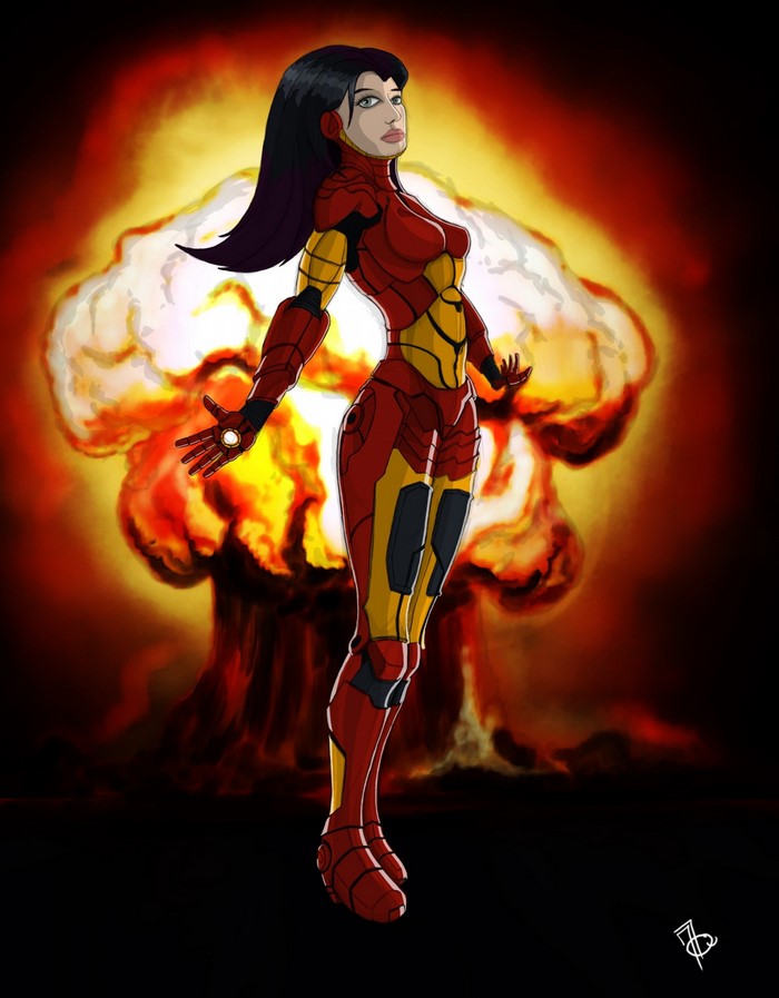 Iron Woman in front of a nuclear explosion