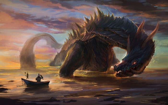 Lagiacrus from Monster Hunter fishing at sunset