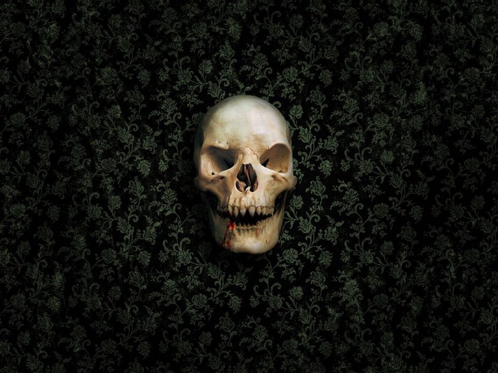 Skull with blood on dark floral wallpaper