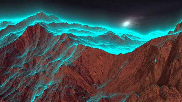 Digital art of a surreal mountain range with glowing blue mist