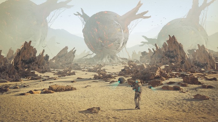 Futuristic desert landscape with giant alien trees and a robot