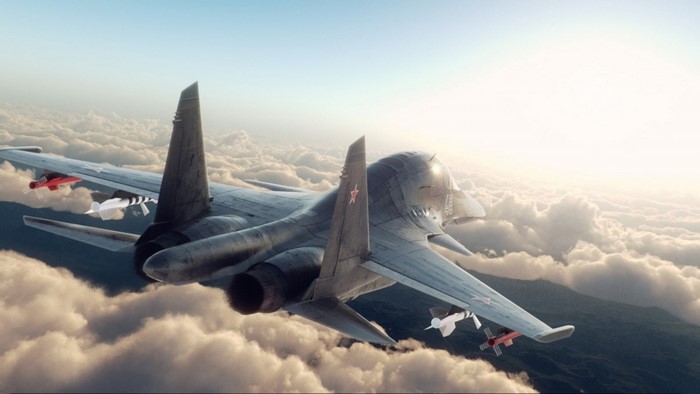 Military jet fighter flying above clouds with missiles