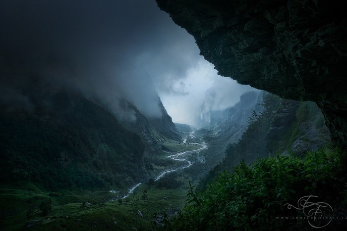 Misty Mountain Valley with River and Waterfall