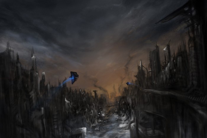 Apocalyptic futuristic city with flying vehicles