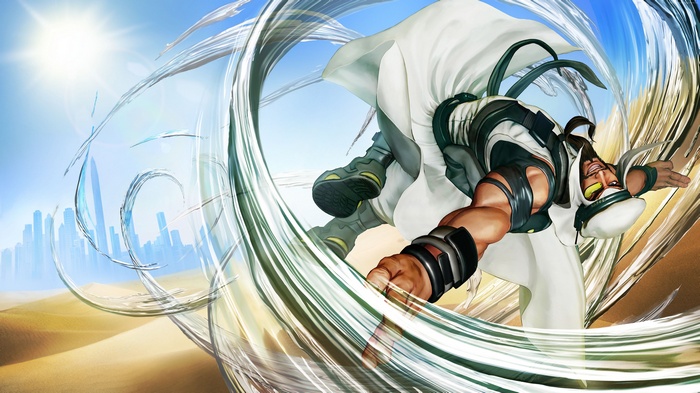Rashid from Street Fighter 5 in a desert city