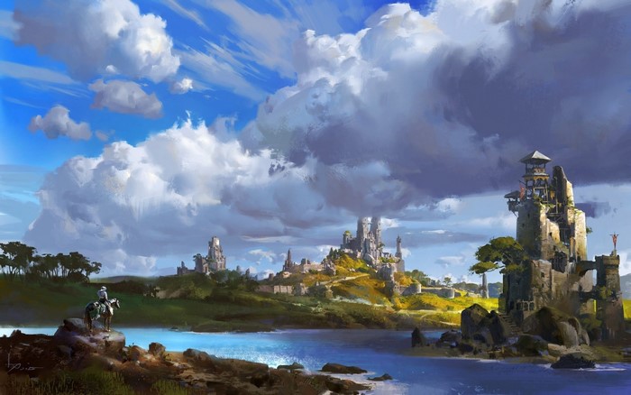 Fantasy landscape with castles and a knight on horseback