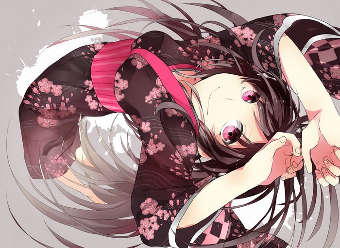 Anime girl in a kimono with pink flowers