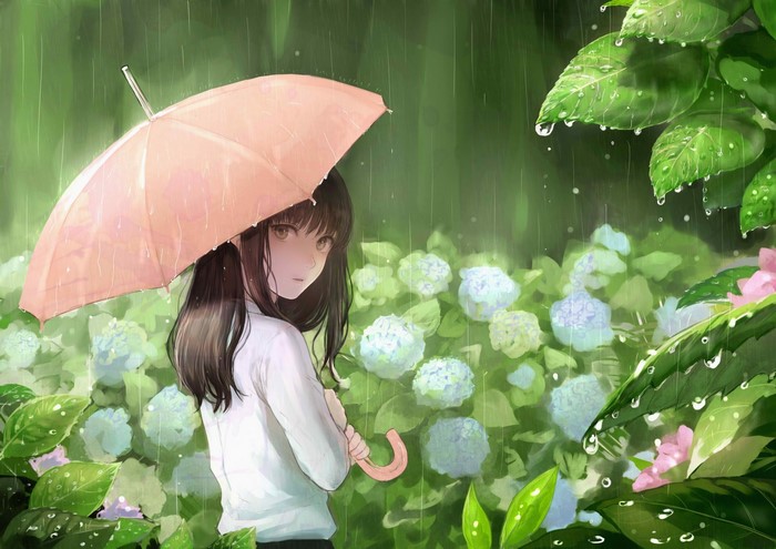 Anime girl with umbrella in the rain among hydrangeas