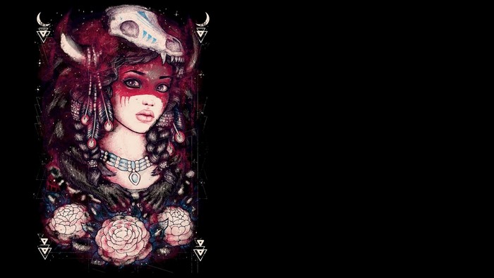 Fantasy art of a woman with a wolf skull headdress