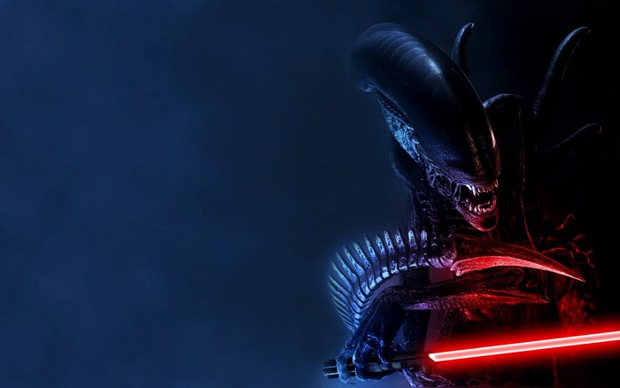 Xenomorph from Alien holding a lightsaber