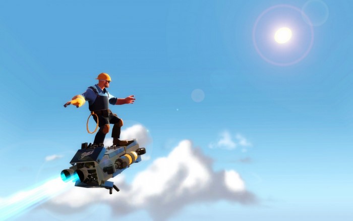 Engineer from Team Fortress 2 riding a jetpack