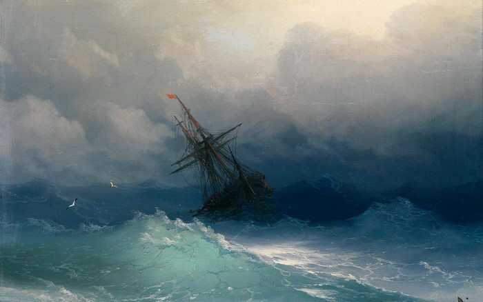 Painting of a sailing ship in a stormy sea by Ivan Aivazovsky