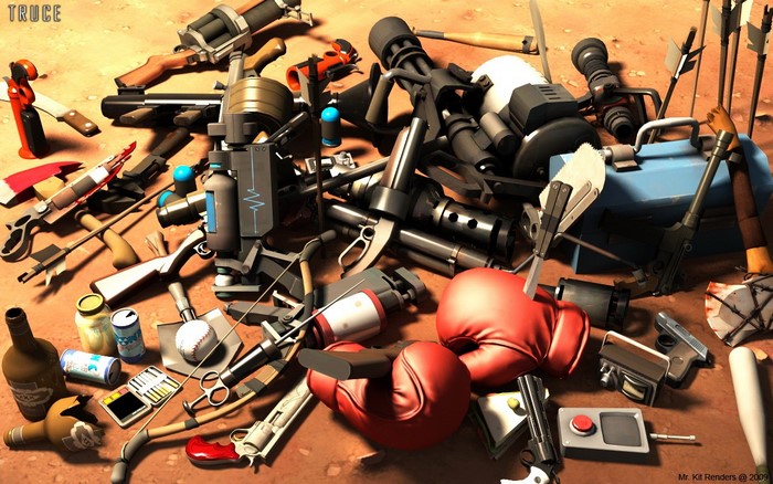 Team Fortress 2 weapons and items scattered on the ground