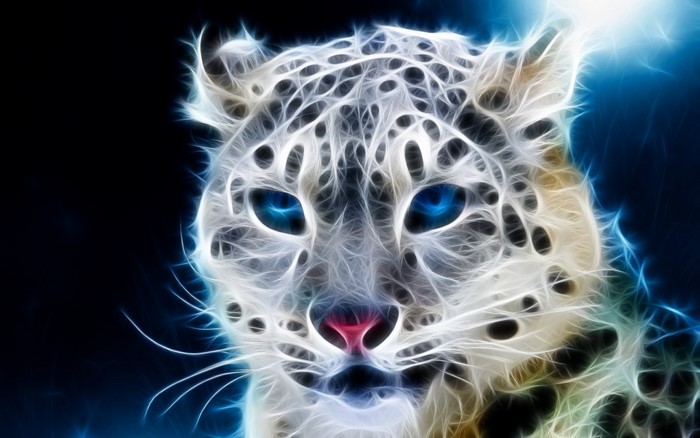Fractal snow leopard with blue eyes