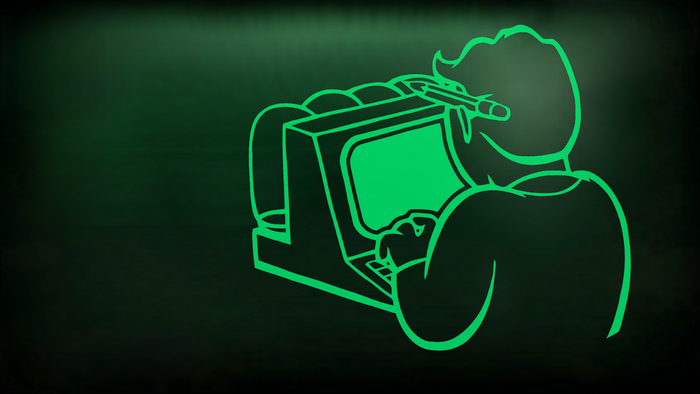Vault Boy from Fallout using a computer