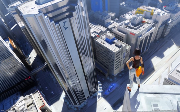 Faith Connors from Mirror's Edge overlooking a futuristic city