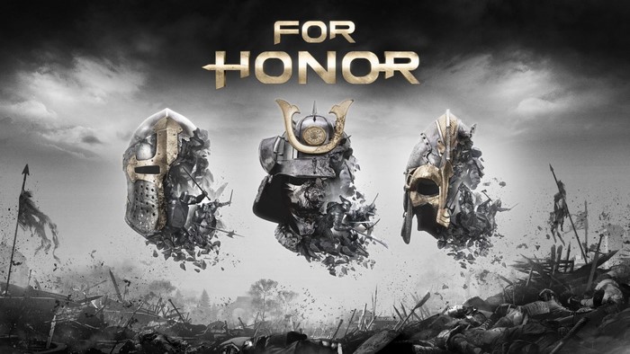 For Honor game art with three helmets and battlefield