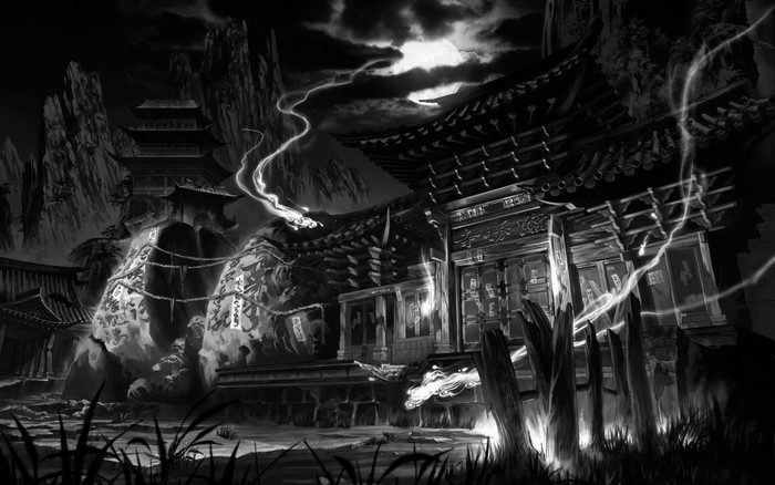 Monochrome artwork of a temple at night with lightning