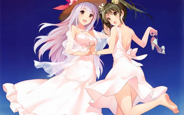 Two anime girls in white dresses, one holding a shoe