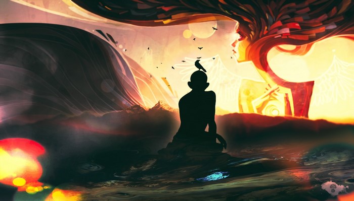 Silhouette of a person with a bird on head, surreal landscape