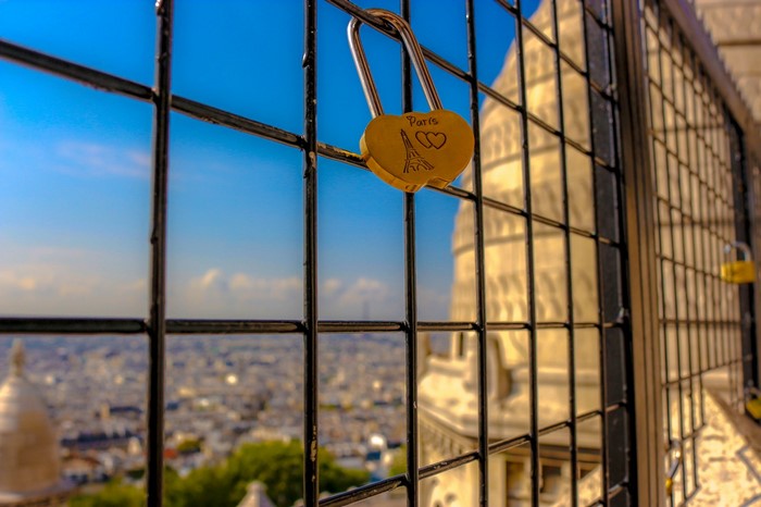 Heart-shaped lock with Eiffel Tower in Paris
