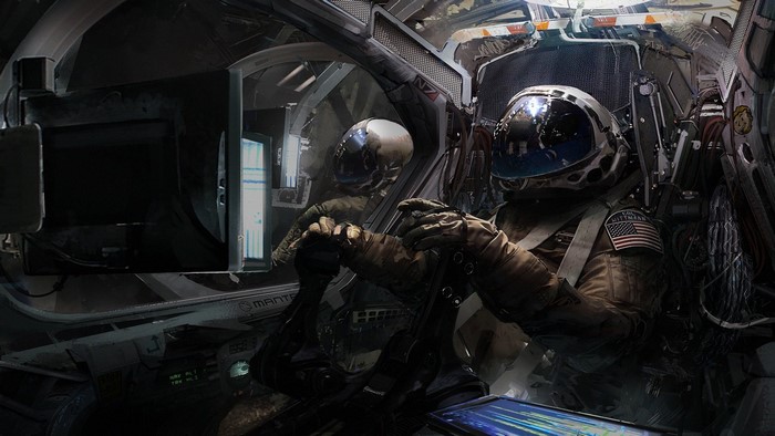 Astronaut piloting a spaceship cockpit