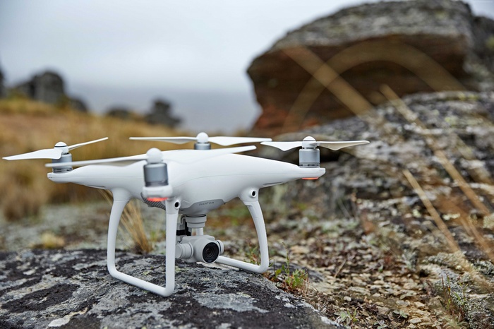 DJI Phantom 4 drone on rocky terrain