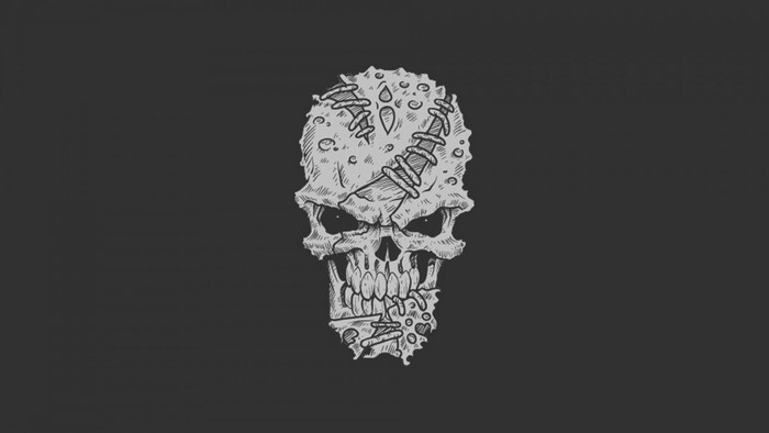 Illustration of a stitched skull with rotten jaw